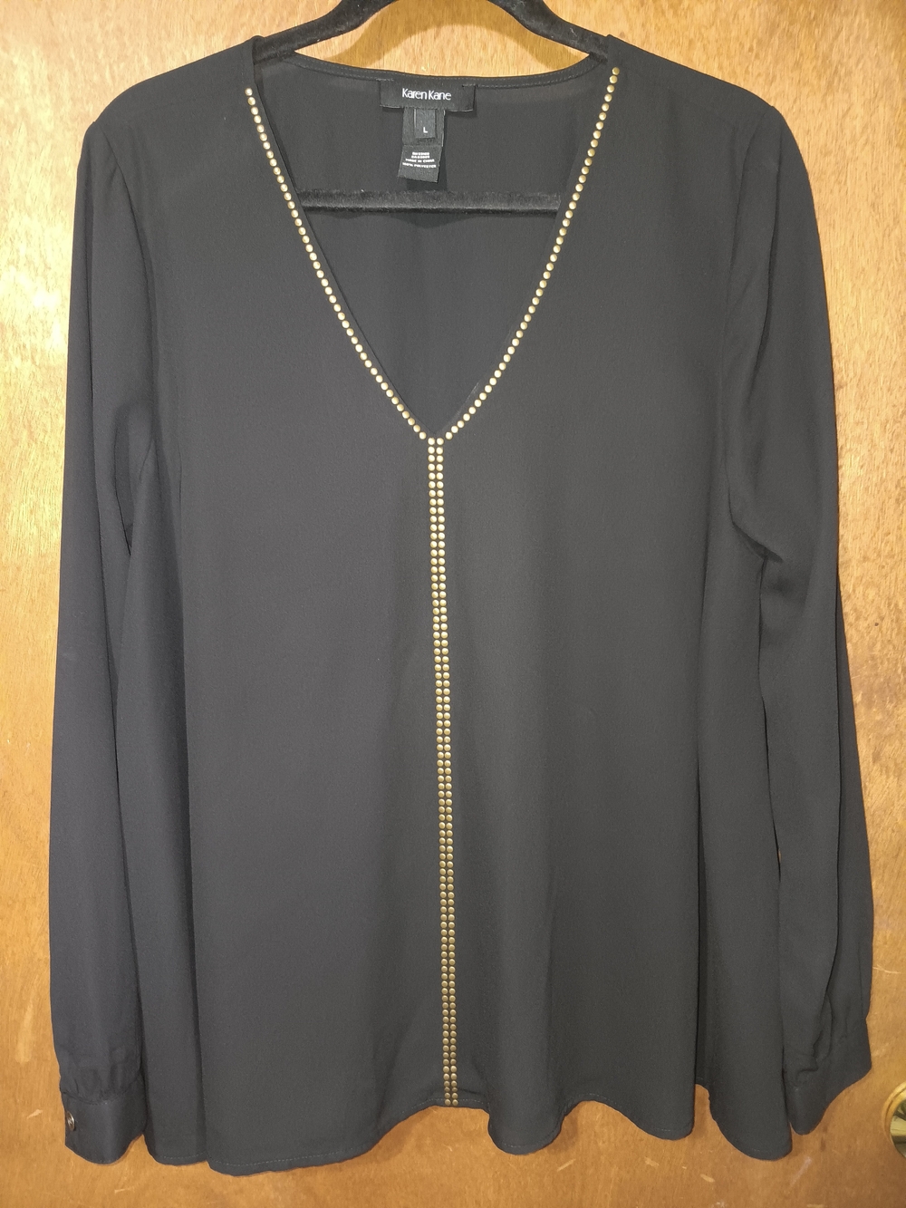 Karen Kane Black Long-Sleeve V-Neck Blouse with Gold Stud Detail